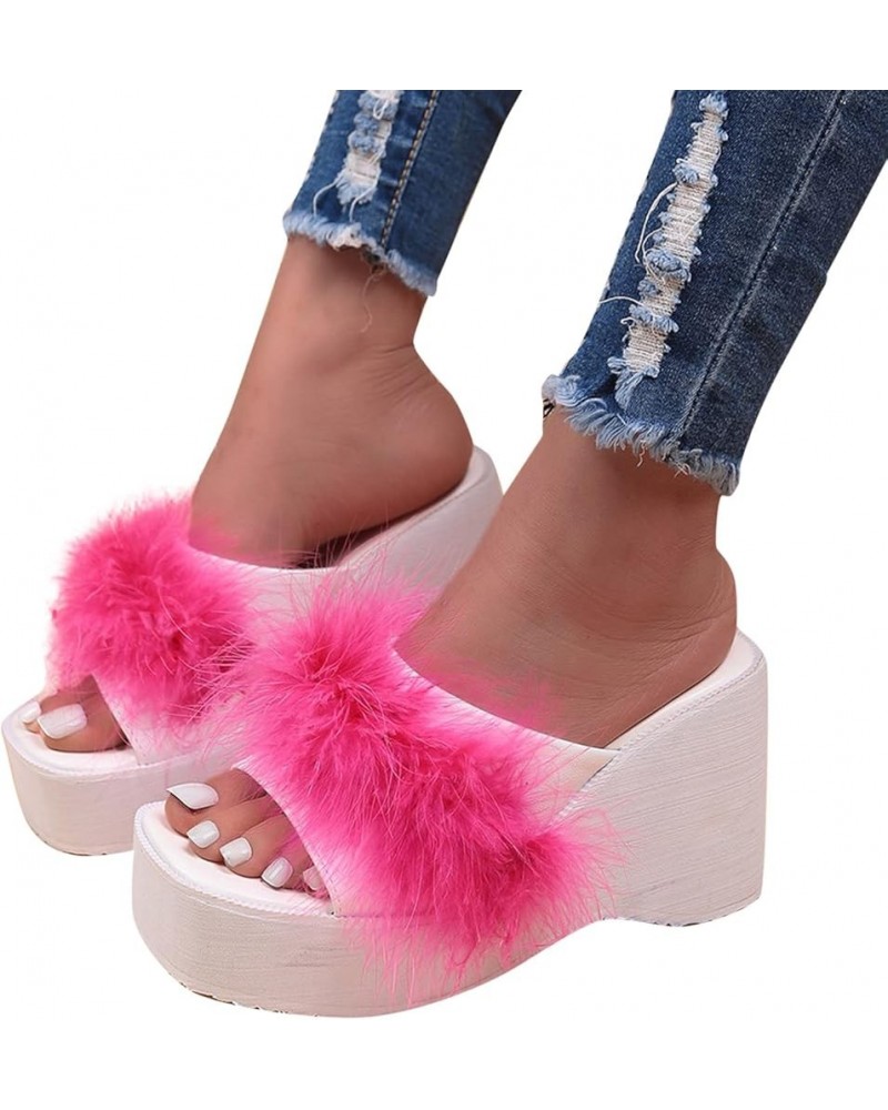 Wedge Sandals for Women Fashion Fluffy Feather Open Toe Platform Slides Sandals Casual Summer Slip On Walking Mules Comfortab...