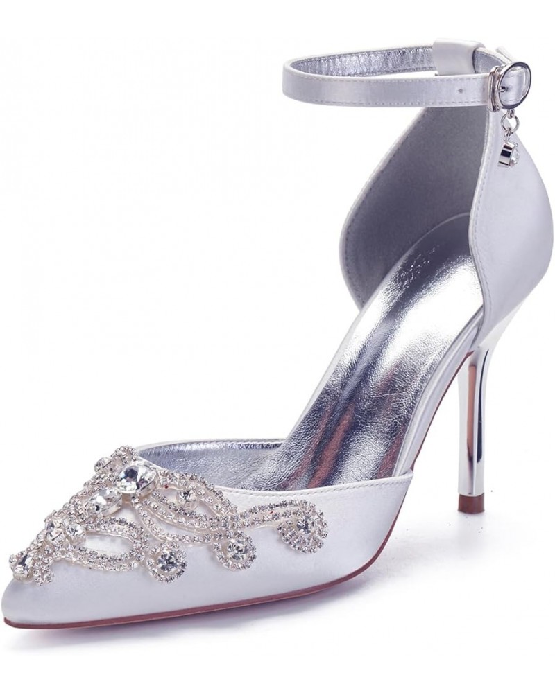 Women's Rhinestones Pointed Toe Satin Wedding Shoes Bridal Shoes Strap Wedding Heels for Bride Pumps White $34.16 Pumps