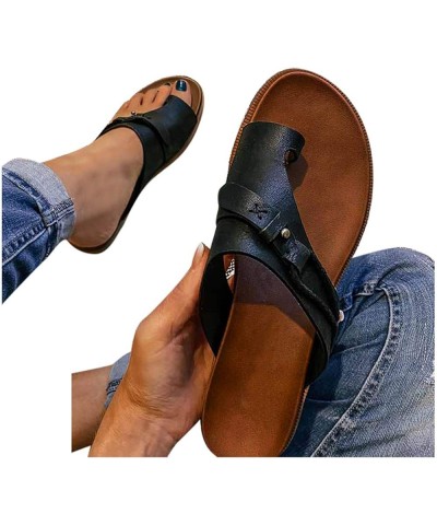 Outdoor Fashion Toe Shoes Wedges Women's Slippers Ring Sandals Casual Leather Women's Trendy Sandals for Women Black $10.09 S...