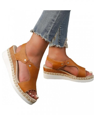 Womens Leather Platform Espadrilles Wedge Sandals Cutouts Open Toe High Heeled Slip on Dressy Summer Shoes Yellow $14.43 Sandals