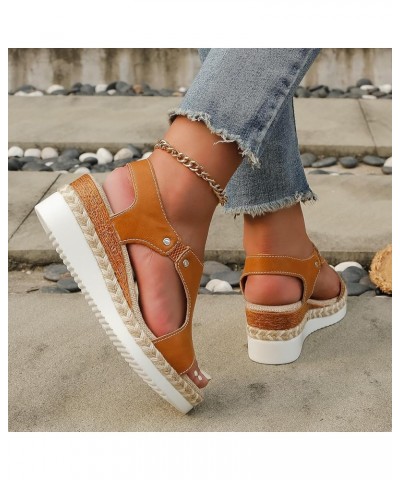 Womens Leather Platform Espadrilles Wedge Sandals Cutouts Open Toe High Heeled Slip on Dressy Summer Shoes Yellow $14.43 Sandals