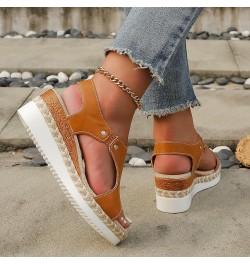 Womens Leather Platform Espadrilles Wedge Sandals Cutouts Open Toe High Heeled Slip on Dressy Summer Shoes Yellow $14.43 Sandals