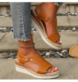 Womens Leather Platform Espadrilles Wedge Sandals Cutouts Open Toe High Heeled Slip on Dressy Summer Shoes Yellow $14.43 Sandals