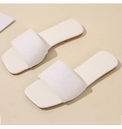 Retro Crystal Sequin Sandals for Women Dressy Summer Square Open Toe Flat Sandals Summer Slip on Dressy Sandals 9 White $13.9...