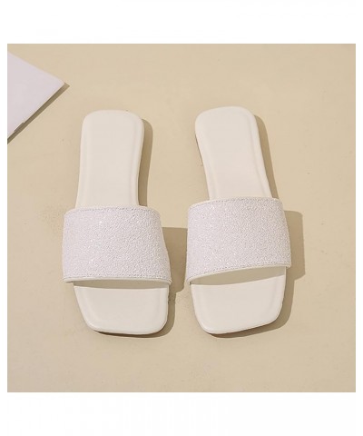 Retro Crystal Sequin Sandals for Women Dressy Summer Square Open Toe Flat Sandals Summer Slip on Dressy Sandals 9 White $13.9...