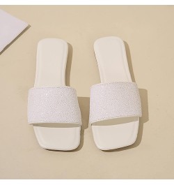 Retro Crystal Sequin Sandals for Women Dressy Summer Square Open Toe Flat Sandals Summer Slip on Dressy Sandals 9 White $13.9...