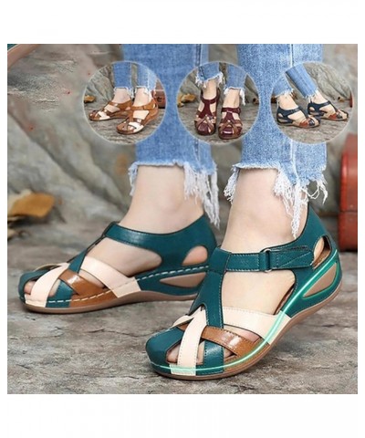 Casual Sandals Women 2021 Summer Retro Round Toe Women's Sandals Slope Heel Color Matching Comfortable Sandals Women Green 9 ...