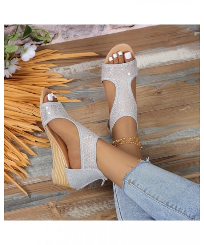 Women's Heeled Sandals Hiking Open Toe Women's Athletic Outdoor Sandals Comfortable Sling Back Silver $13.19 Athletic Shoes