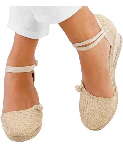 Women'S Wedges Espadrilles, Chunky Heel Over-Toed Sandals Comfortable Platform Summer Breathable Sandals Arch Support B-beige...