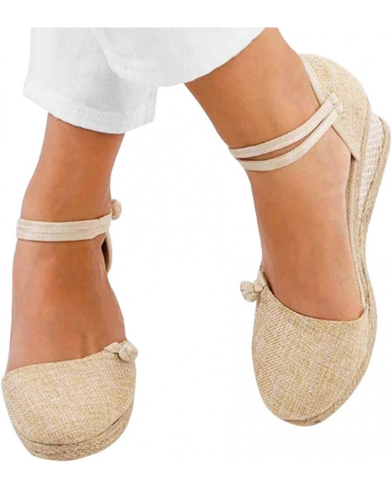 Women'S Wedges Espadrilles, Chunky Heel Over-Toed Sandals Comfortable Platform Summer Breathable Sandals Arch Support B-beige...