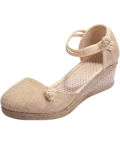 Women'S Wedges Espadrilles, Chunky Heel Over-Toed Sandals Comfortable Platform Summer Breathable Sandals Arch Support B-beige...