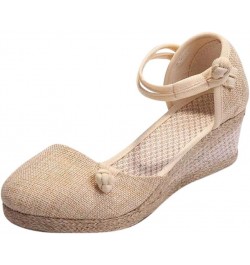 Women'S Wedges Espadrilles, Chunky Heel Over-Toed Sandals Comfortable Platform Summer Breathable Sandals Arch Support B-beige...