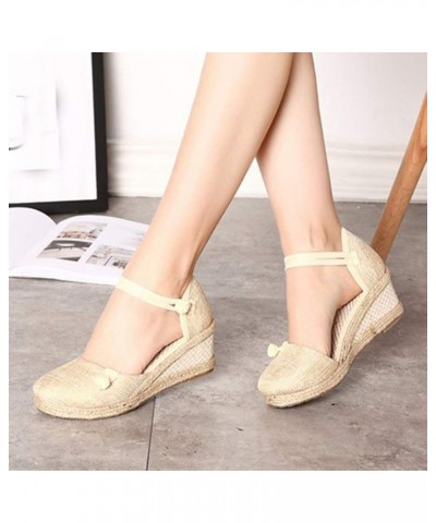 Women'S Wedges Espadrilles, Chunky Heel Over-Toed Sandals Comfortable Platform Summer Breathable Sandals Arch Support B-beige...