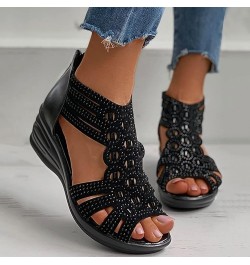 Sandals Wedge For Women Open Toe Zipper Hollow Out Rhinestones Sandals Crystal Fashion Ladies Up Vintage Womens Sandals 8.5 B...