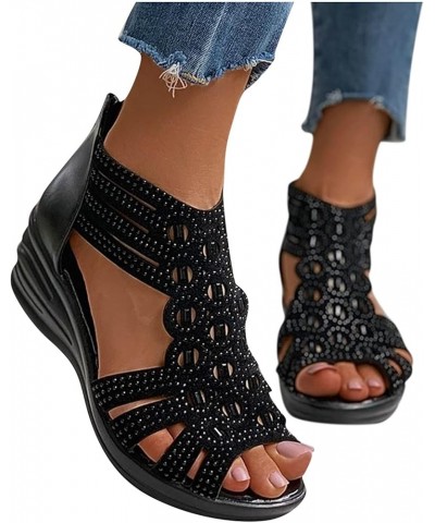 Sandals Wedge For Women Open Toe Zipper Hollow Out Rhinestones Sandals Crystal Fashion Ladies Up Vintage Womens Sandals 8.5 B...