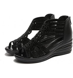 Sandals Wedge For Women Open Toe Zipper Hollow Out Rhinestones Sandals Crystal Fashion Ladies Up Vintage Womens Sandals 8.5 B...