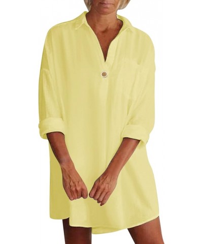 Birthday Dresses for Women V Neck Long Sleeved Shirt Dress Loose and Casual Mid Length Summer Dresses Yellow- Dress for Women...