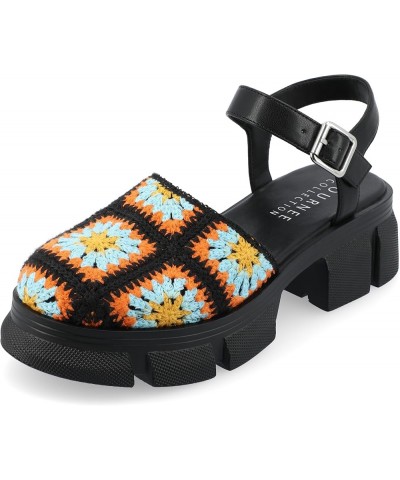 Womens Knit Crochet Treaded Outsole Platform Round Toe Buckle Ankle Strap Dorit Tru Comfort Sandals Black $37.50 Sandals