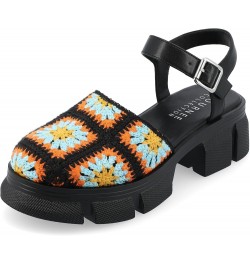 Womens Knit Crochet Treaded Outsole Platform Round Toe Buckle Ankle Strap Dorit Tru Comfort Sandals Black $37.50 Sandals