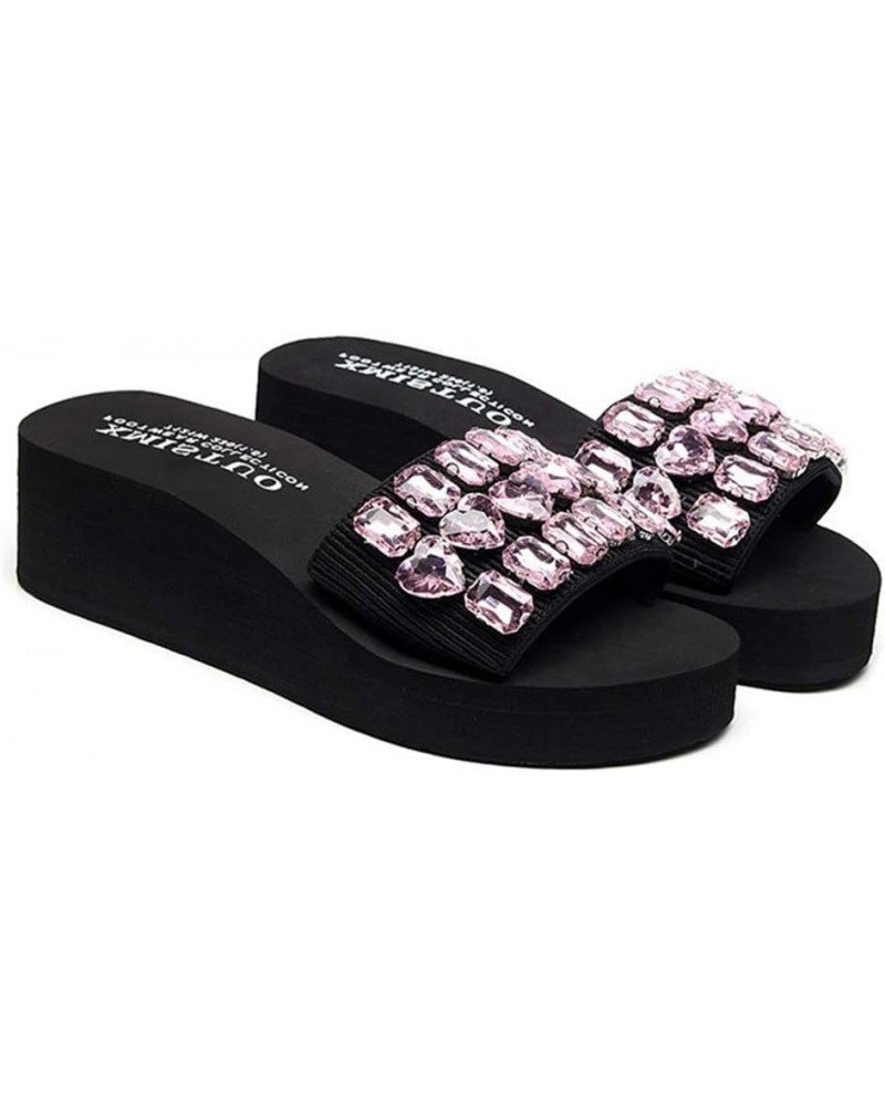 Women's Fashion Rhinestone Wedge Slide Sandals Summer Comfort Nonslip Platform High Heel Beach Sandal Black/Pink Rhinestone $...