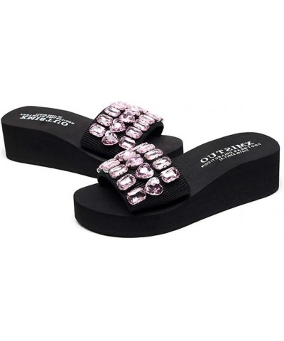 Women's Fashion Rhinestone Wedge Slide Sandals Summer Comfort Nonslip Platform High Heel Beach Sandal Black/Pink Rhinestone $...