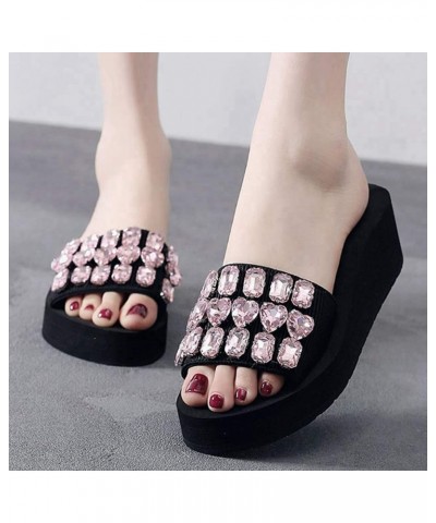 Women's Fashion Rhinestone Wedge Slide Sandals Summer Comfort Nonslip Platform High Heel Beach Sandal Black/Pink Rhinestone $...