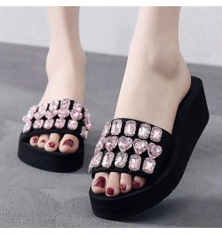 Women's Fashion Rhinestone Wedge Slide Sandals Summer Comfort Nonslip Platform High Heel Beach Sandal Black/Pink Rhinestone $...