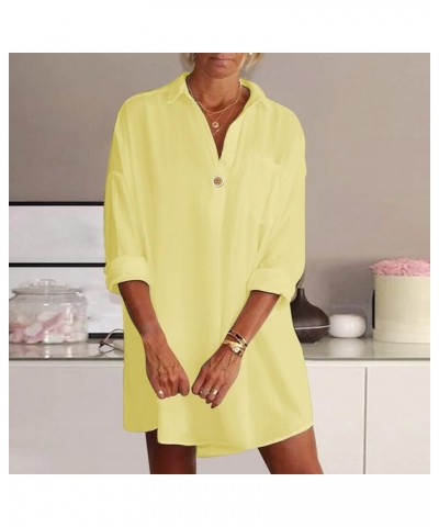 Birthday Dresses for Women V Neck Long Sleeved Shirt Dress Loose and Casual Mid Length Summer Dresses Yellow- Dress for Women...