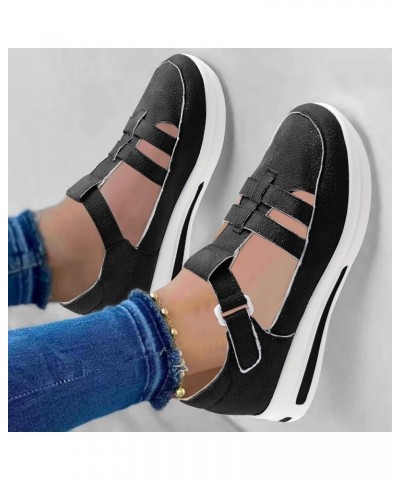 Ladies Fashion Solid Color Hollowed Out Flock Hook Loop Thick Sole Casual Sports Shoes Women's Wedge Sneaker Black $12.08 Ath...