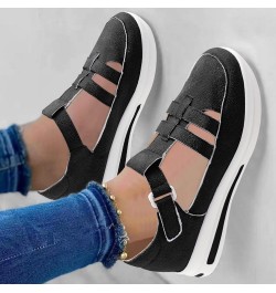 Ladies Fashion Solid Color Hollowed Out Flock Hook Loop Thick Sole Casual Sports Shoes Women's Wedge Sneaker Black $12.08 Ath...