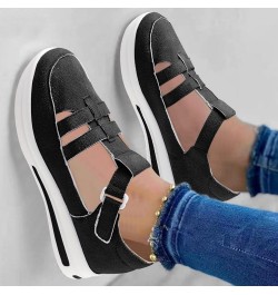 Ladies Fashion Solid Color Hollowed Out Flock Hook Loop Thick Sole Casual Sports Shoes Women's Wedge Sneaker Black $12.08 Ath...