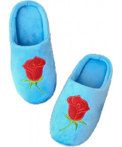 Women's Bedroom Slippers Rose Embroidery Home Shoes Soft Soled Memory Foam Slippers Wool Blue $19.96 Slippers