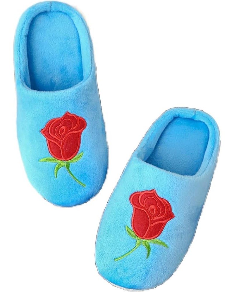 Women's Bedroom Slippers Rose Embroidery Home Shoes Soft Soled Memory Foam Slippers Wool Blue $19.96 Slippers