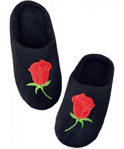 Women's Bedroom Slippers Rose Embroidery Home Shoes Soft Soled Memory Foam Slippers Wool Blue $19.96 Slippers