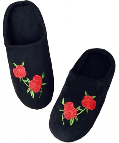 Women's Bedroom Slippers Rose Embroidery Home Shoes Soft Soled Memory Foam Slippers Wool Blue $19.96 Slippers