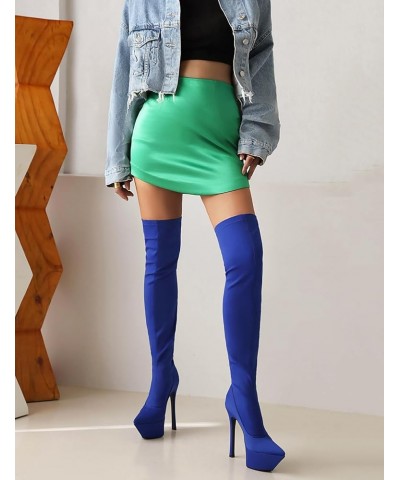 Fashion Women Stretch Overknee Boots Platform Dress Boots Pull on Stiletto Heels 368 Blue $30.49 Boots