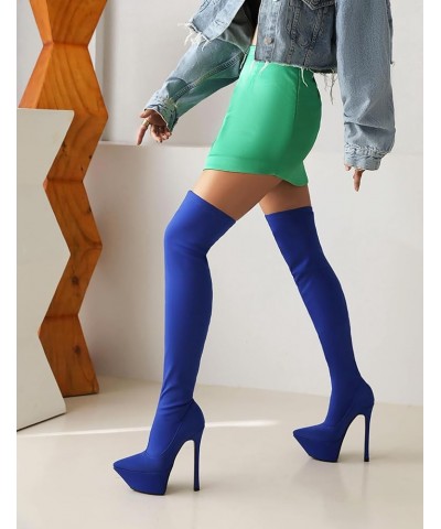 Fashion Women Stretch Overknee Boots Platform Dress Boots Pull on Stiletto Heels 368 Blue $30.49 Boots