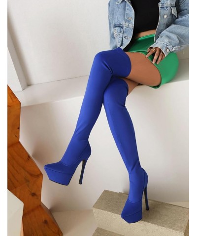 Fashion Women Stretch Overknee Boots Platform Dress Boots Pull on Stiletto Heels 368 Blue $30.49 Boots