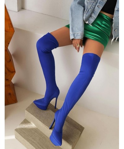 Fashion Women Stretch Overknee Boots Platform Dress Boots Pull on Stiletto Heels 368 Blue $30.49 Boots