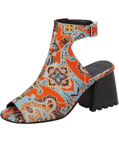 Heeled Sandals for Women Ladies Fashion Solid Color Flock Hollow Open Toe Thick High Heeled Buckle Roman Sandals Orange $25.4...