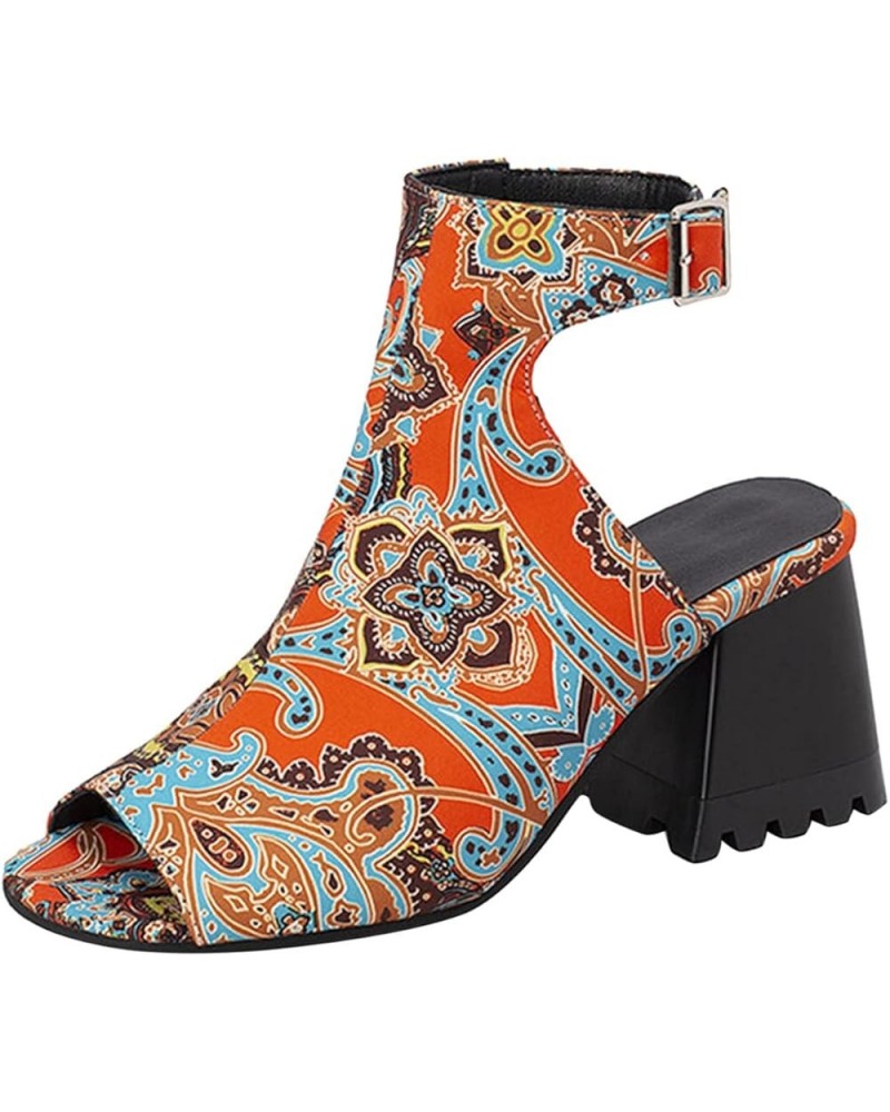 Heeled Sandals for Women Ladies Fashion Solid Color Flock Hollow Open Toe Thick High Heeled Buckle Roman Sandals Orange $25.4...