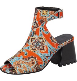 Heeled Sandals for Women Ladies Fashion Solid Color Flock Hollow Open Toe Thick High Heeled Buckle Roman Sandals Orange $25.4...