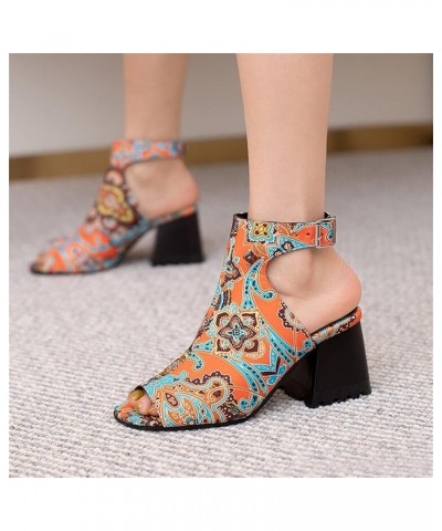 Heeled Sandals for Women Ladies Fashion Solid Color Flock Hollow Open Toe Thick High Heeled Buckle Roman Sandals Orange $25.4...