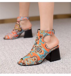 Heeled Sandals for Women Ladies Fashion Solid Color Flock Hollow Open Toe Thick High Heeled Buckle Roman Sandals Orange $25.4...