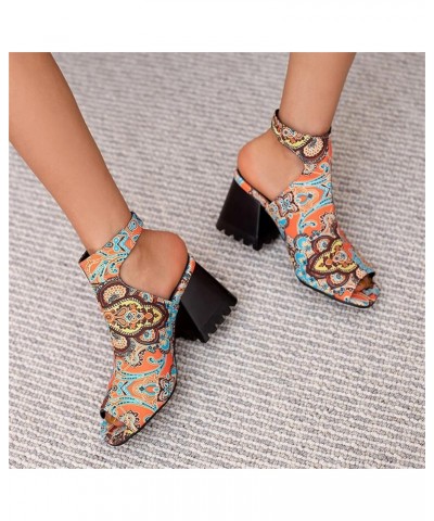 Heeled Sandals for Women Ladies Fashion Solid Color Flock Hollow Open Toe Thick High Heeled Buckle Roman Sandals Orange $25.4...