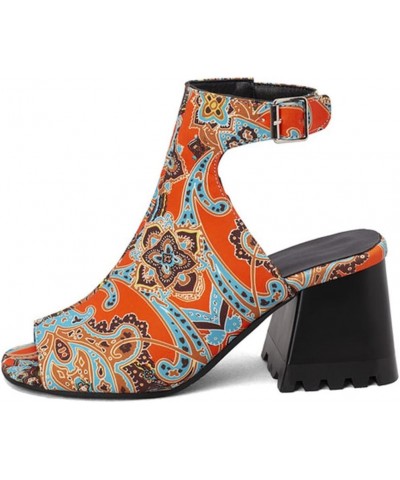 Heeled Sandals for Women Ladies Fashion Solid Color Flock Hollow Open Toe Thick High Heeled Buckle Roman Sandals Orange $25.4...