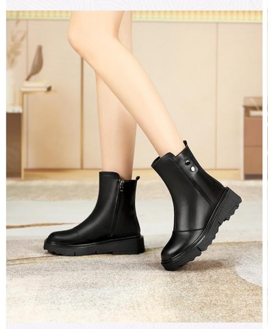 Winter Wool Thickened Women's Leather Shoes Short Tube Snowy Leather and Fur Integrated Leather Shoes Black $34.00 Boots