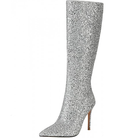 Women Sparkly Glitter Knee High Boots Pointed Toe Stiletto High Heel Sequin Boots Silver $37.71 Boots