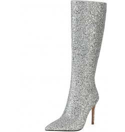 Women Sparkly Glitter Knee High Boots Pointed Toe Stiletto High Heel Sequin Boots Silver $37.71 Boots