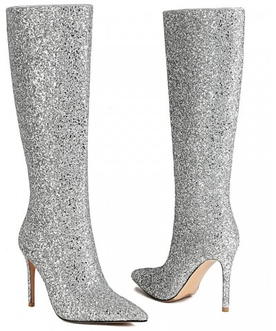 Women Sparkly Glitter Knee High Boots Pointed Toe Stiletto High Heel Sequin Boots Silver $37.71 Boots